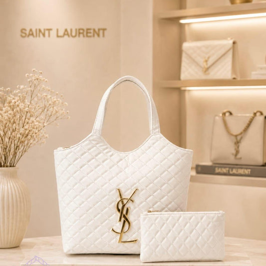 Bolso Blanco  Tote Acolchado Saint Laurent con Cosmetiquera