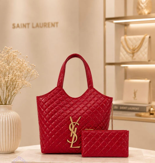 Bolso Roja Tote Acolchado Saint Laurent con Cosmetiquera